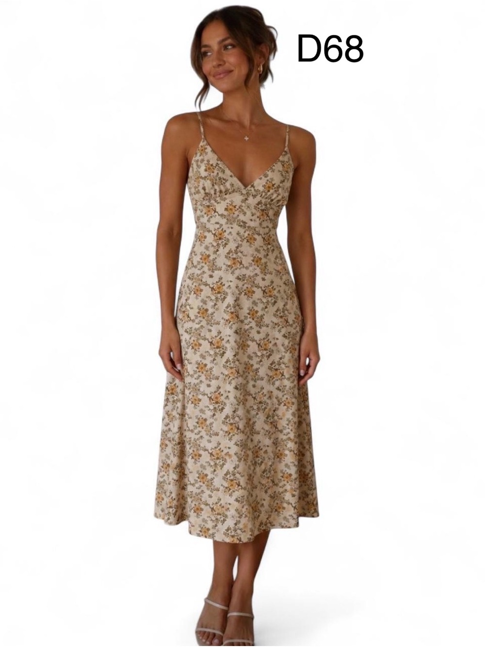 Forever 21 Beige Floral Slip Midi Dress with Mustard Accents, Size Large